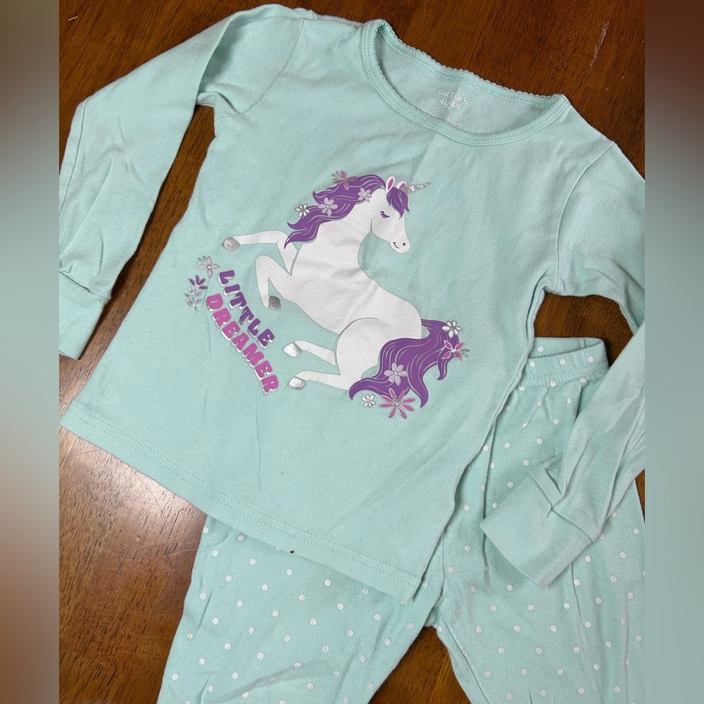 Carters Unicorn Pajama Set | Girls 4T | Mint Green Polka Dot 2-Piece Pjs